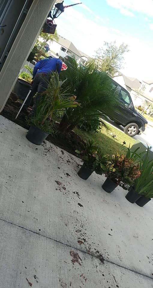 Man planting potted plants in front of a house next to a van.
