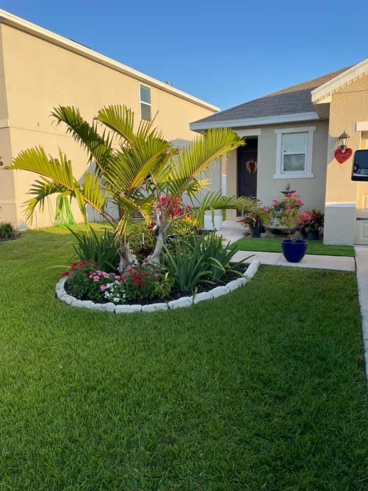 Lawn with a palm tree and flower bed in front of a house with a beige exterior and dark roof.
