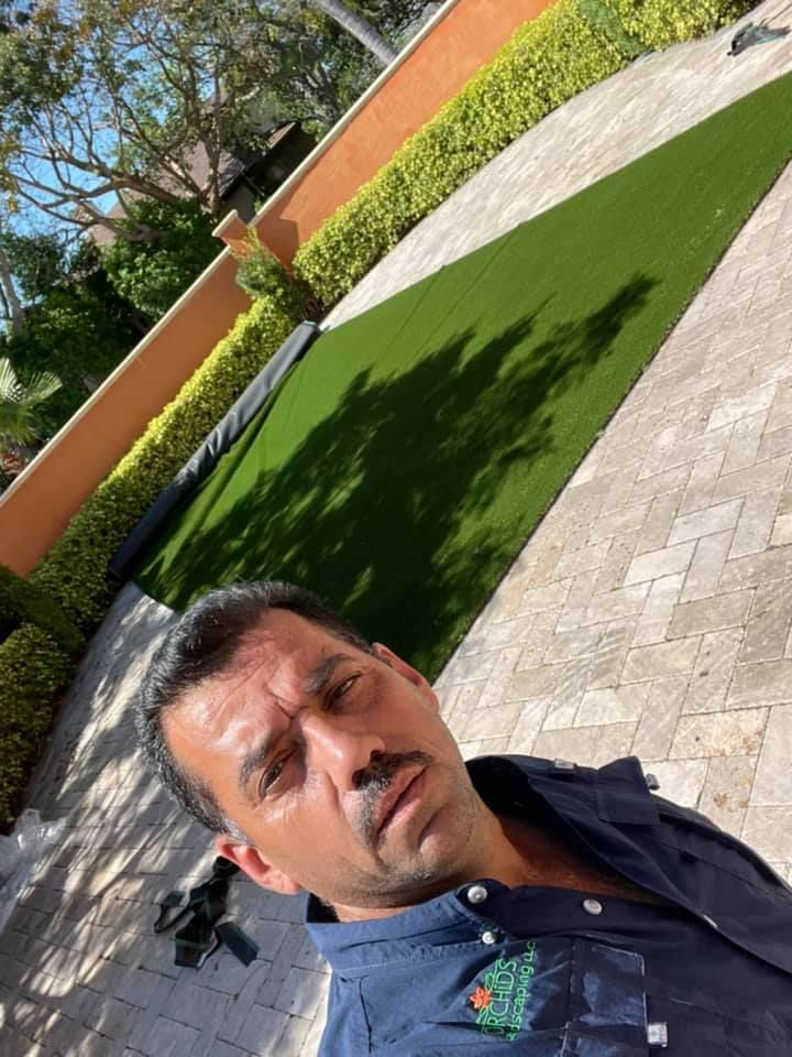 Man in blue shirt, in front of a green turf, stone patio, and orange wall. Shadow of a tree is on the turf.