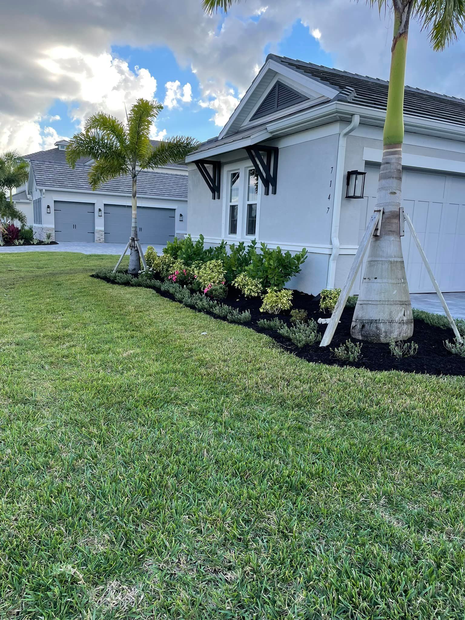 Green lawn, light blue house with dark trim, palm tree, and landscaping under a cloudy sky.