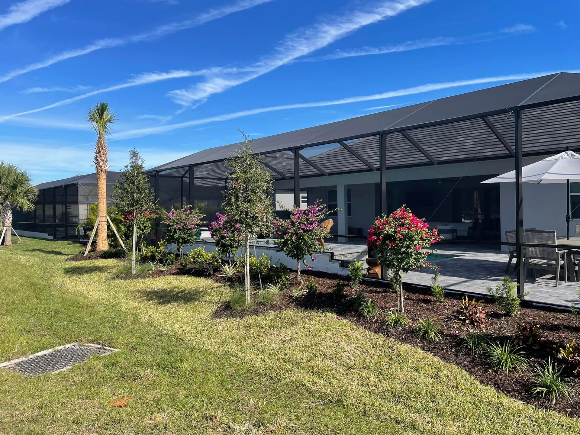 Exterior of a house with a pool enclosed by black screening, with landscaping and a bright blue sky.