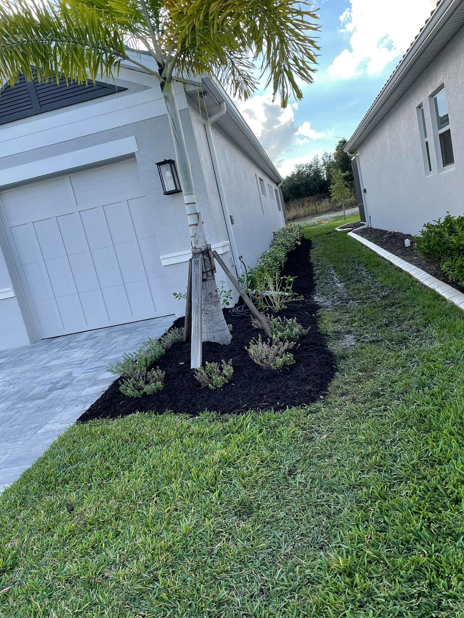 Exterior view of a house with a neatly landscaped lawn and dark mulch beds along the side.