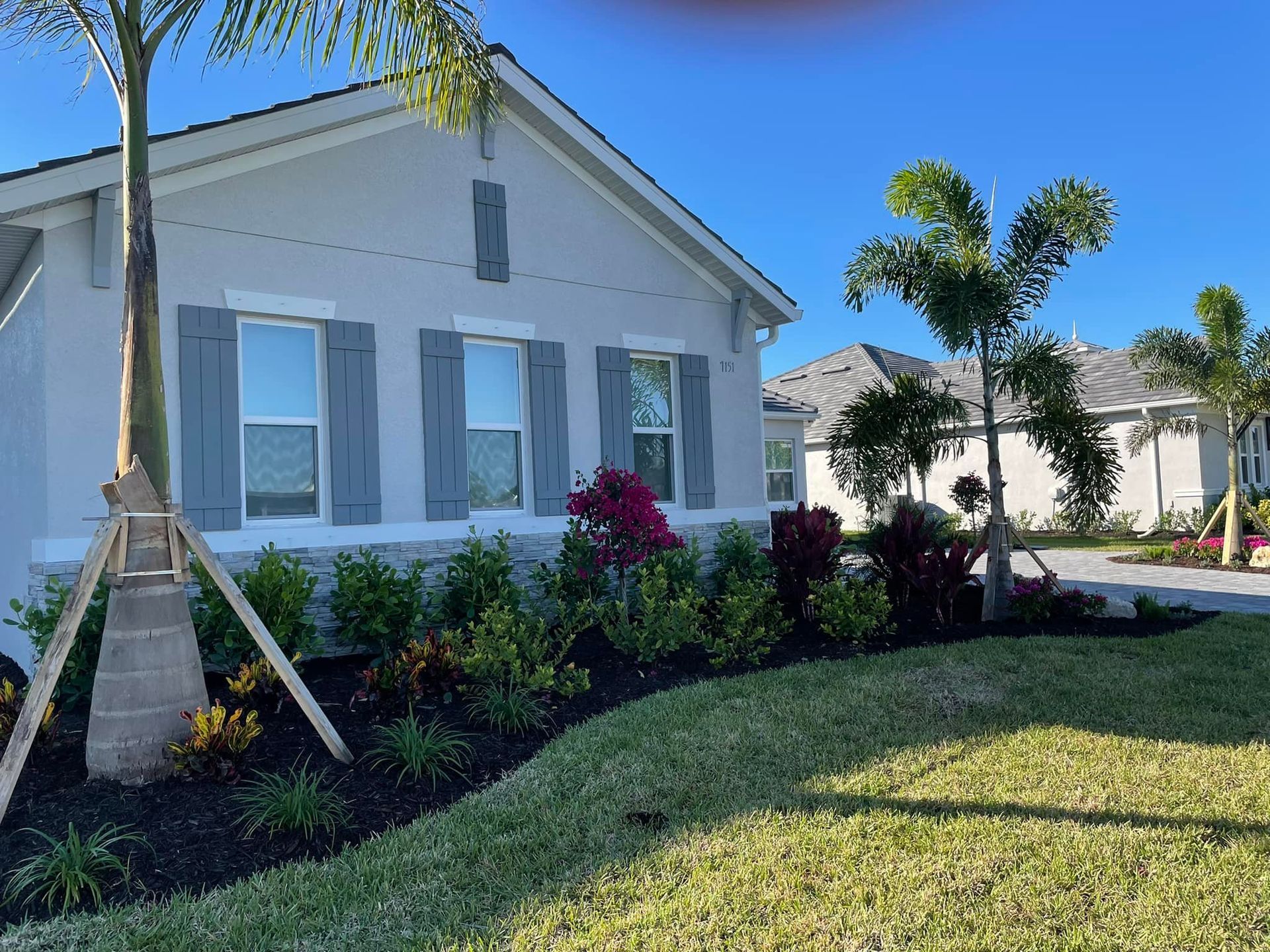 Gray house with blue shutters, palm tree, and landscaped yard on a sunny day.