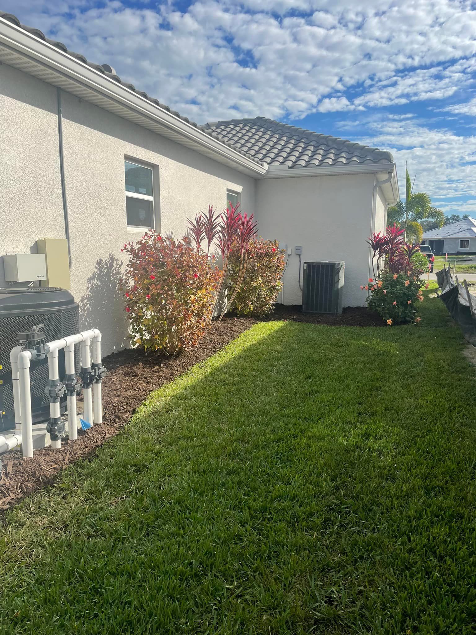 Side of house with landscaping, green grass, and blue sky.