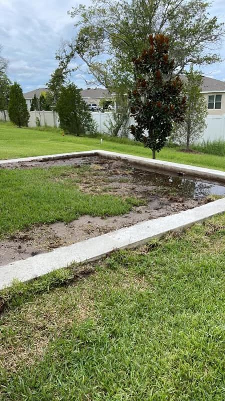 A concrete-bordered rectangular muddy area with sparse grass; green lawn, trees, and houses in the background.