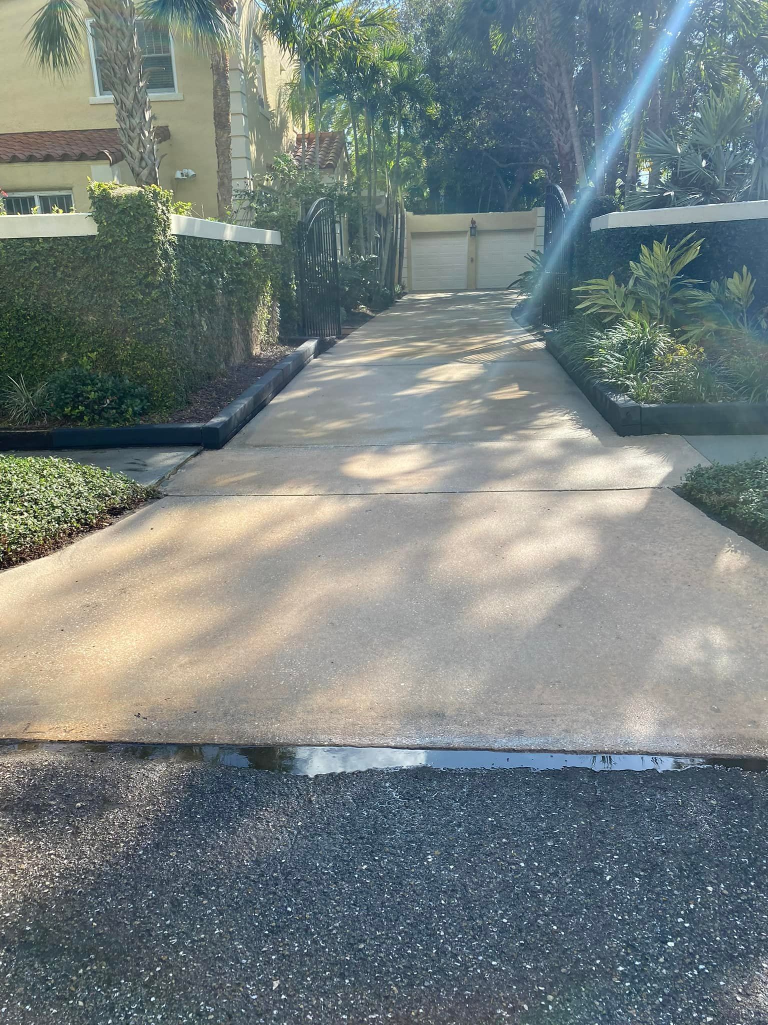 Concrete driveway leading to a gate, bordered by landscaping. Sunny day with shadows.
