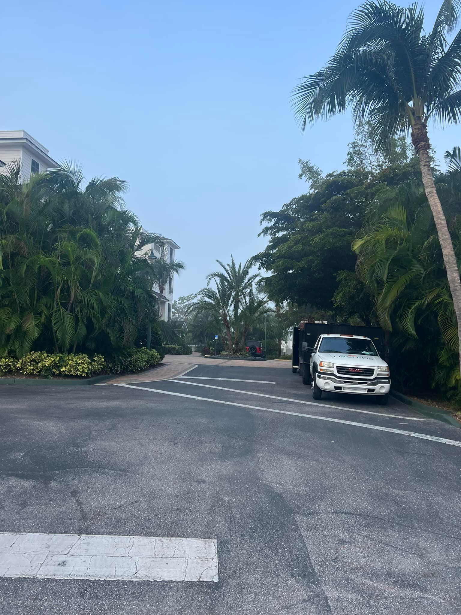 Paved driveway lined with greenery; white pickup truck parked to the right. Building visible in the distance.