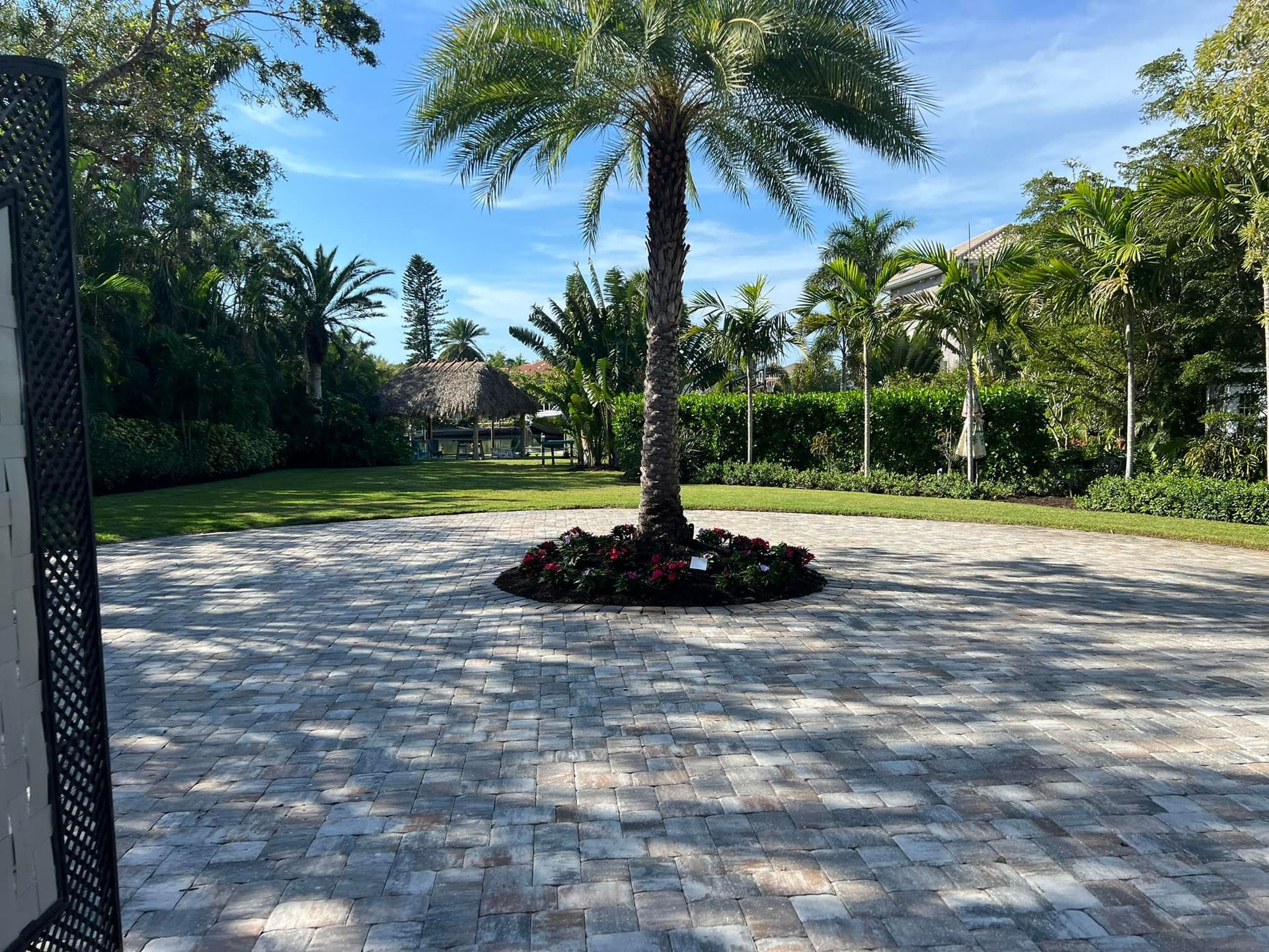 Stone driveway with a palm tree in a flower bed, green lawn, and tropical foliage under a blue sky.