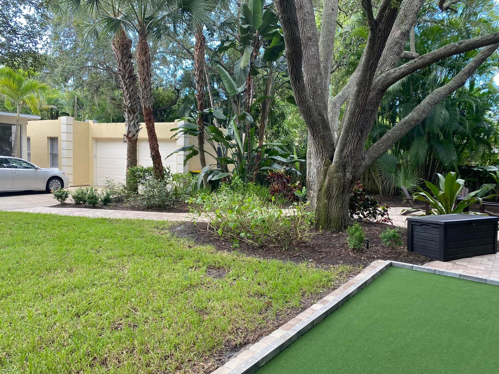 Lush green lawn with trees, shrubs, and a house in the background. A car is parked near the house.