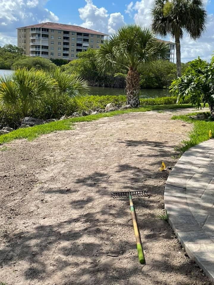 A sandy pathway with a rake leads toward a body of water lined with green vegetation and palm trees.