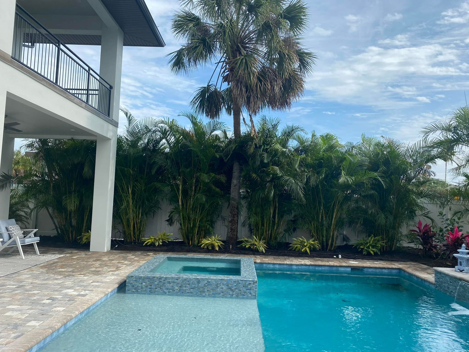 Pool area with blue water, jacuzzi, and lush green plants. House with balcony in background.