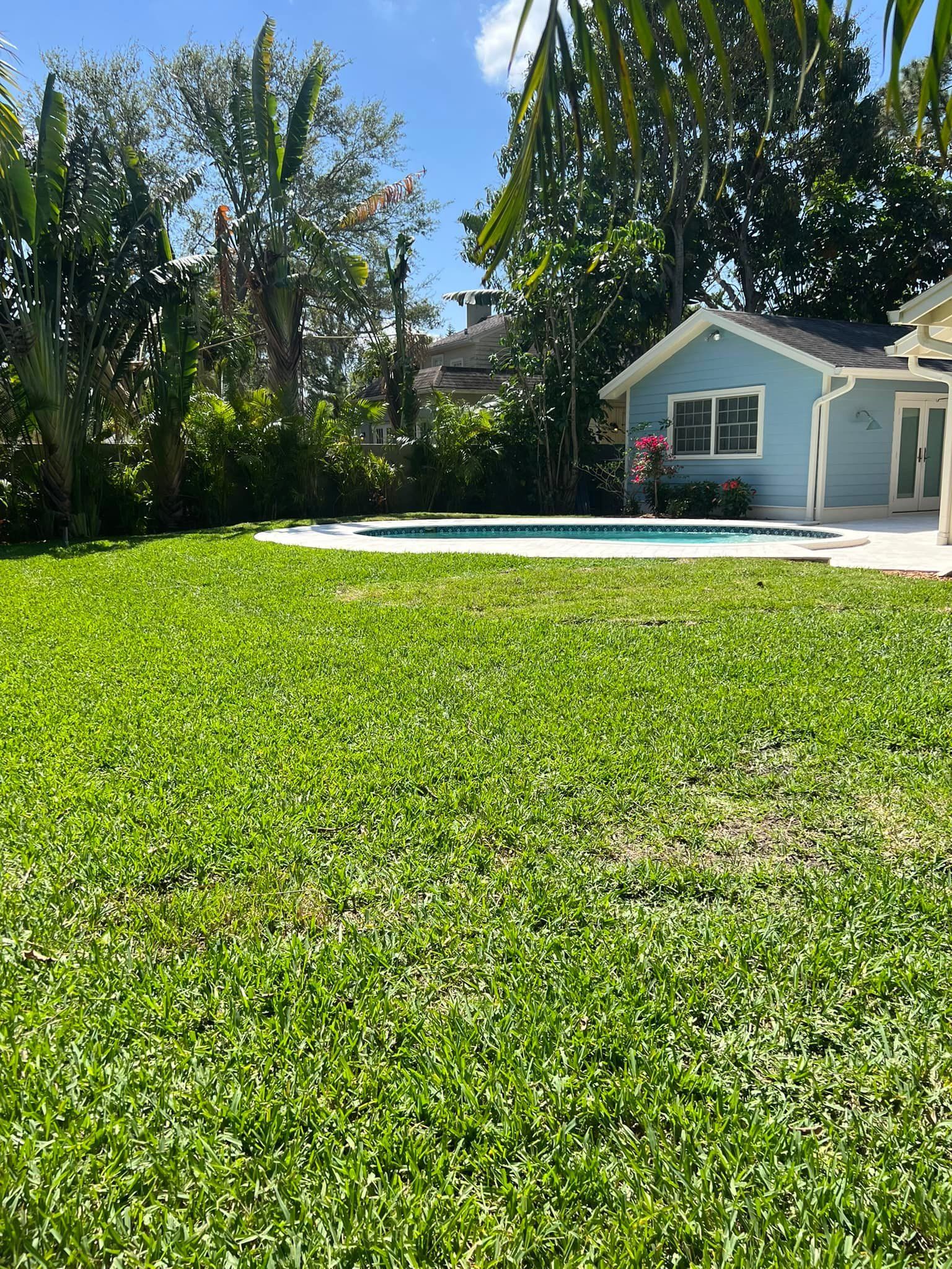 Lush green lawn with a pool and light blue pool house under a sunny sky.