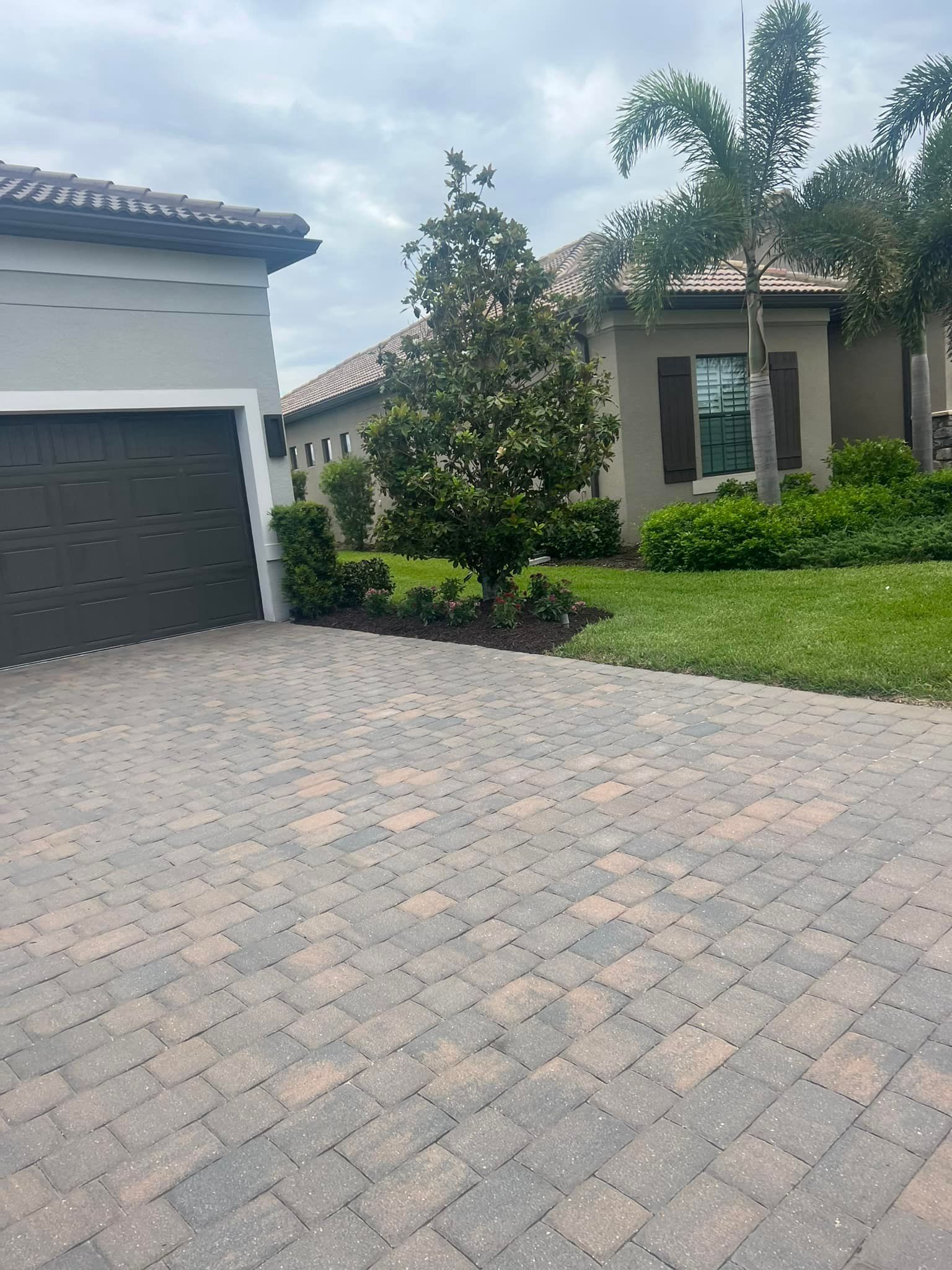 Brick driveway leads to house with brown roof and garage. Landscaping includes a small tree and bushes.