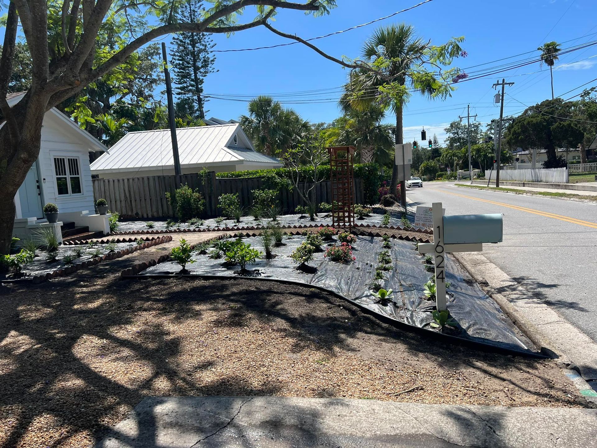 Landscaped garden bed next to a road, featuring plants, mulch, and a mailbox.