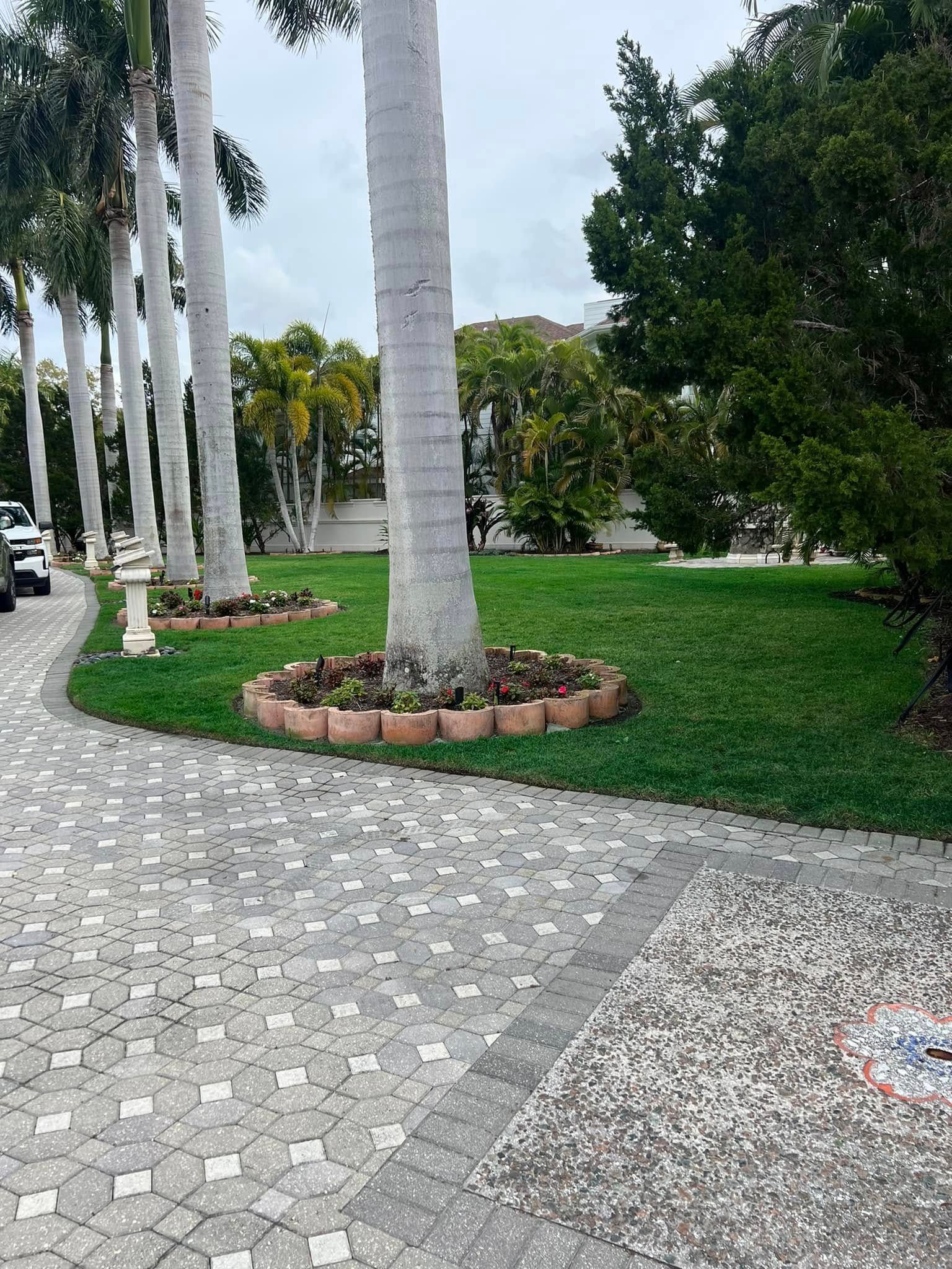 A curved paved walkway leading to palm trees with brick-edged flowerbeds in a grassy area.