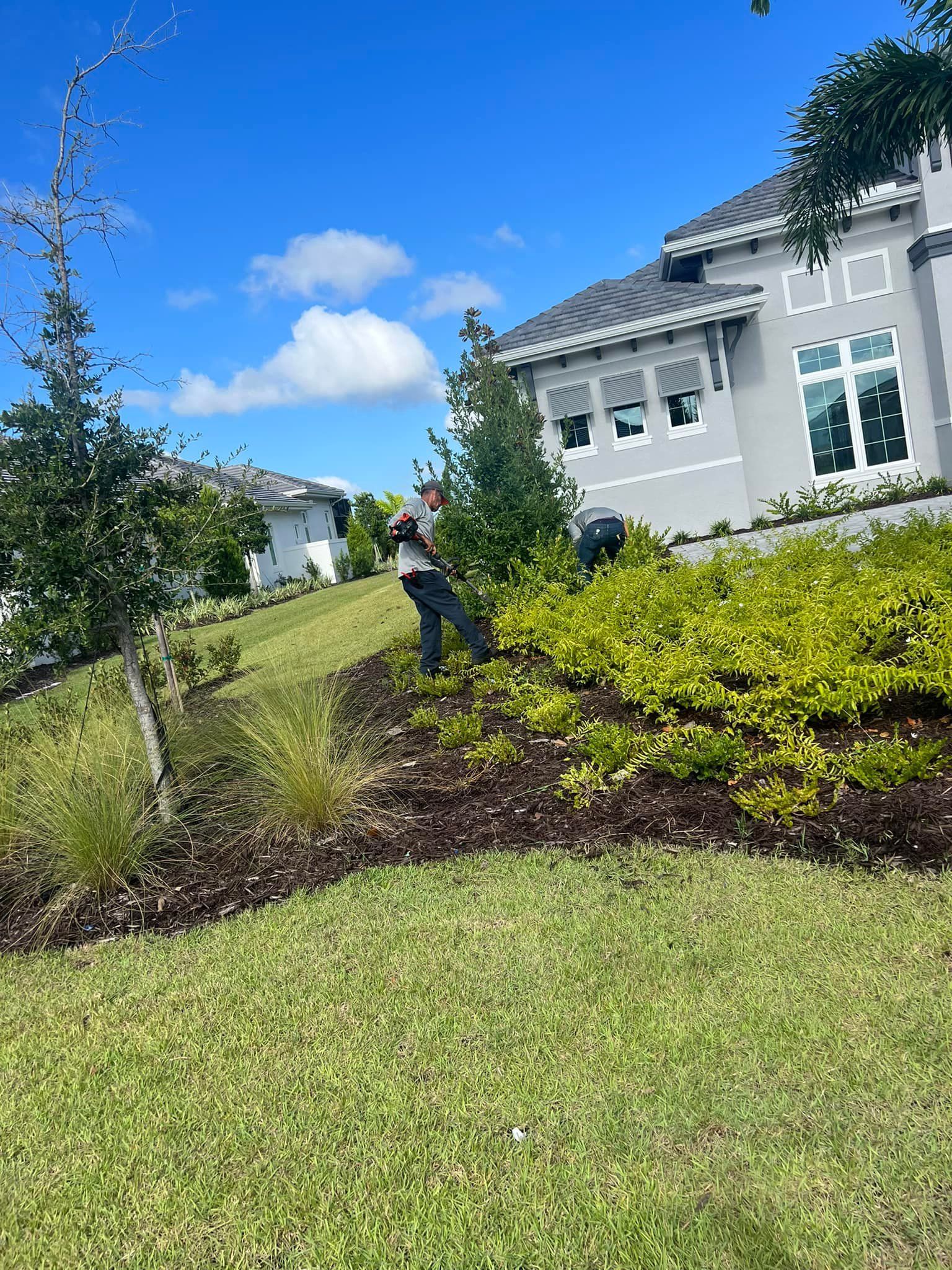 Two people tending to landscaping near a modern house on a sunny day.