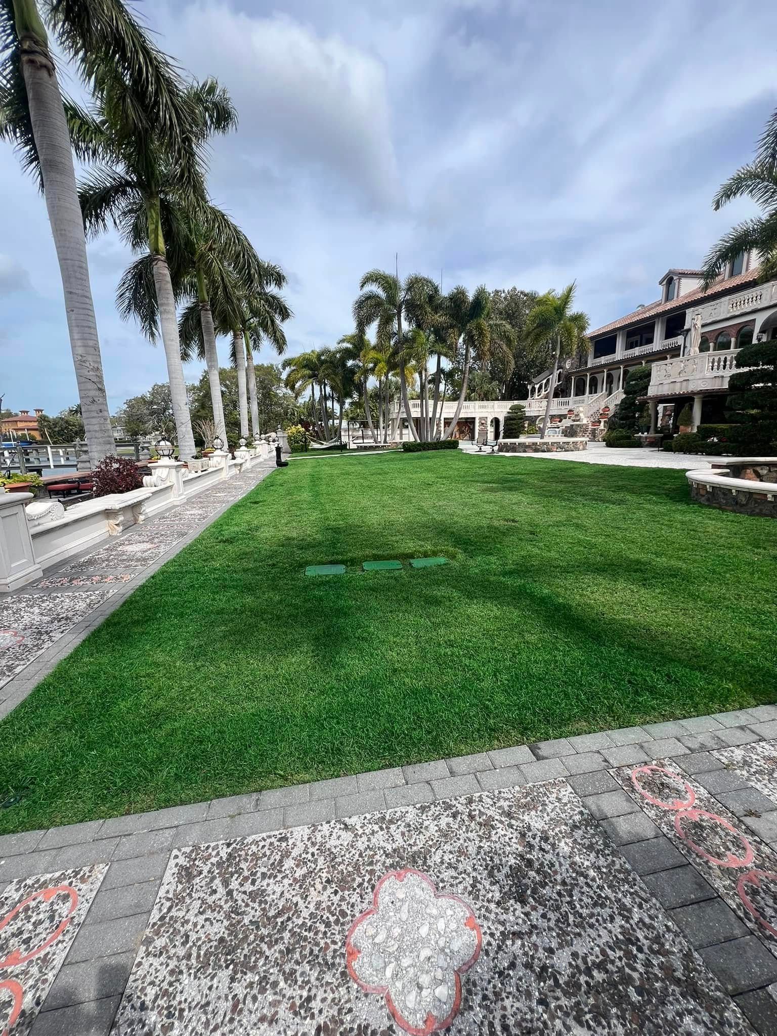 Green lawn with palm trees, walkway with patterned stones, and buildings under a cloudy sky.