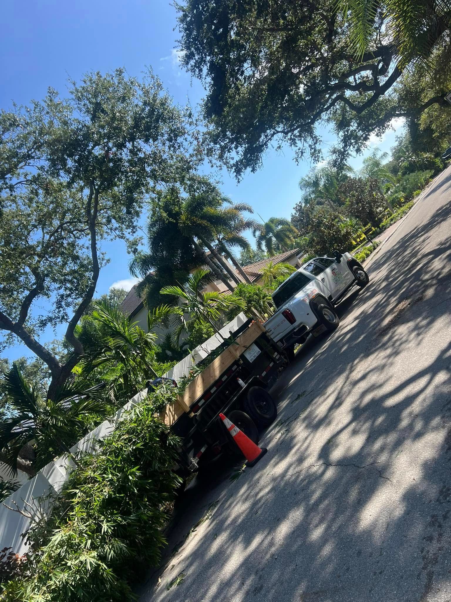 White truck parked on a steep, tree-lined road next to a white fence and orange cone. Sunny, clear sky.