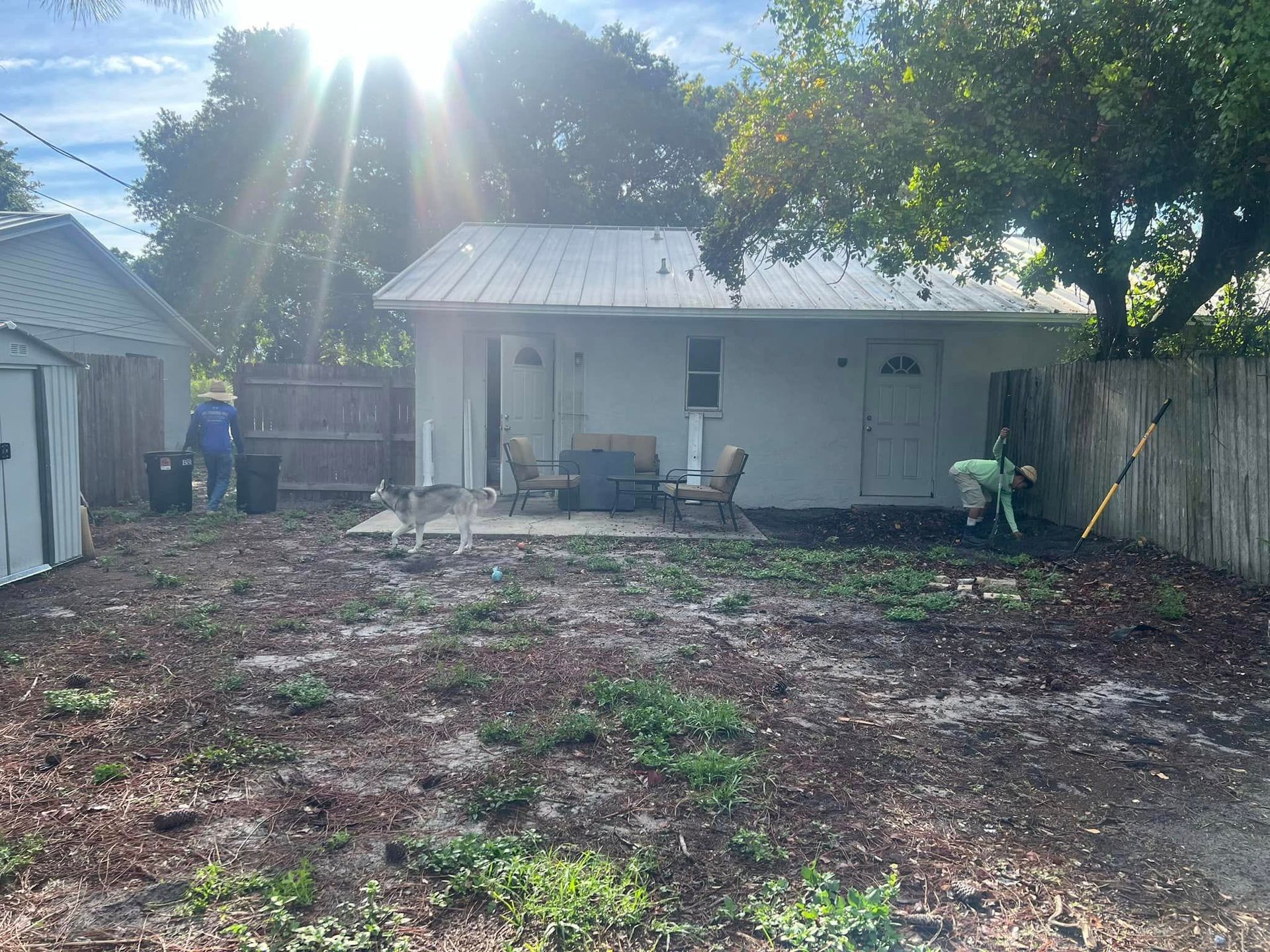 Backyard with white building, shed, and people gardening. A dog stands on patio.