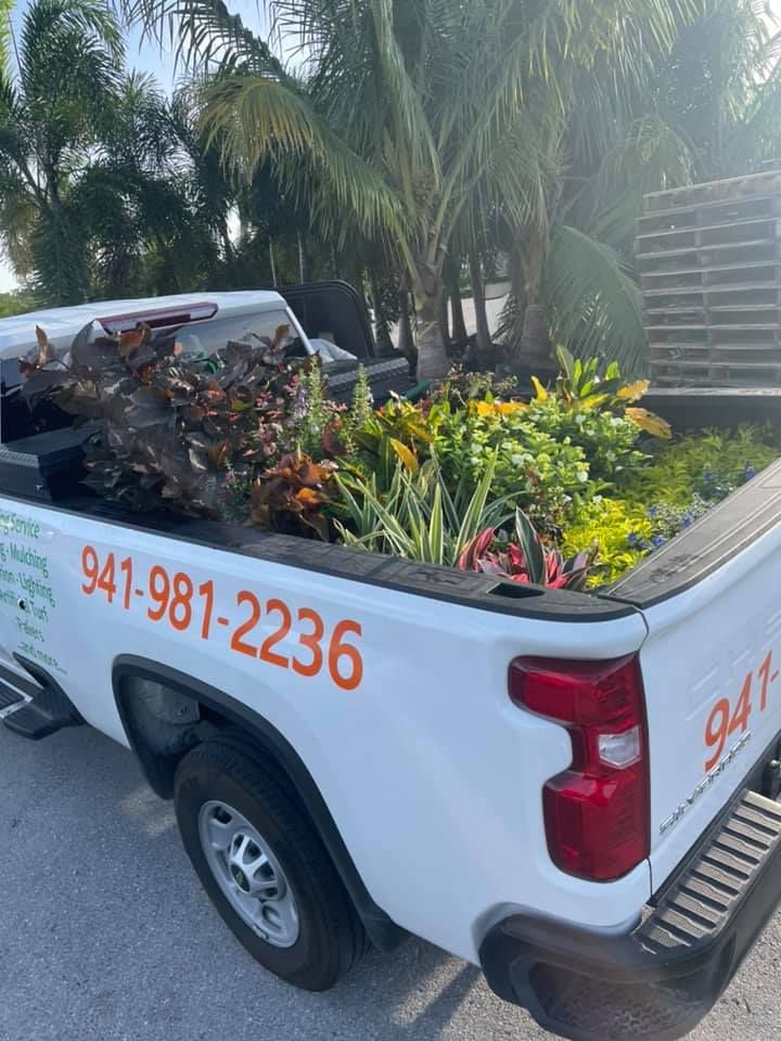 White pickup truck bed filled with plants and landscaping materials. Phone number on side: 941-981-2236.