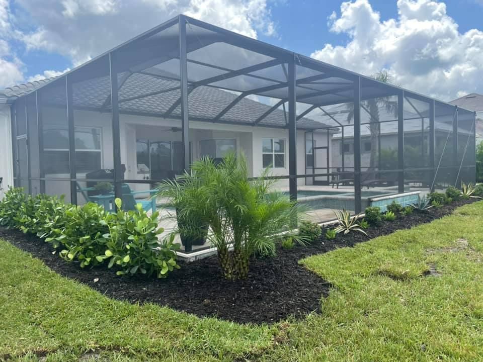 Screened patio enclosure with pool and landscaping, black frame, green plants, blue sky.