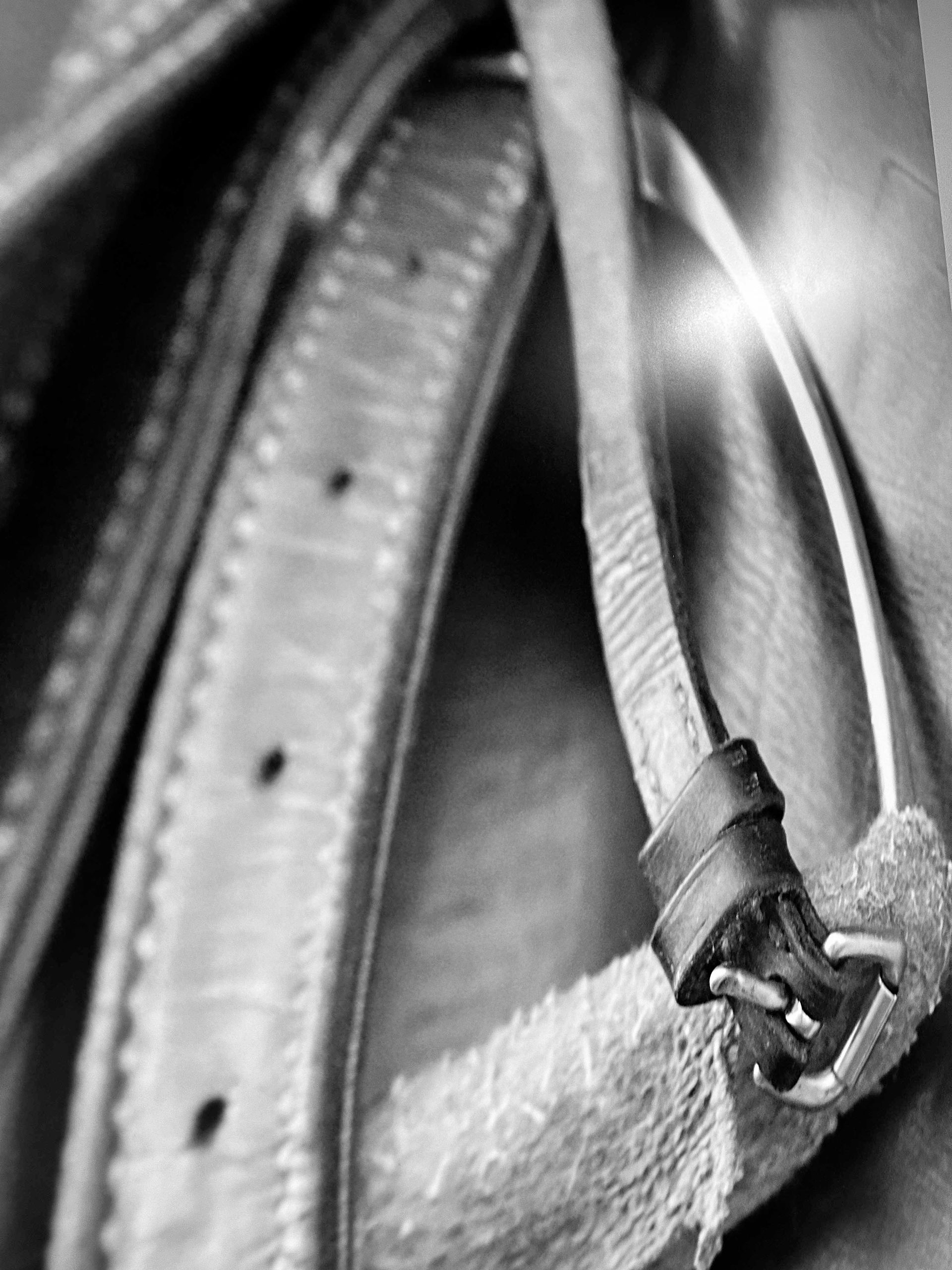 Black and white close-up of a leather belt with the buckle visible.