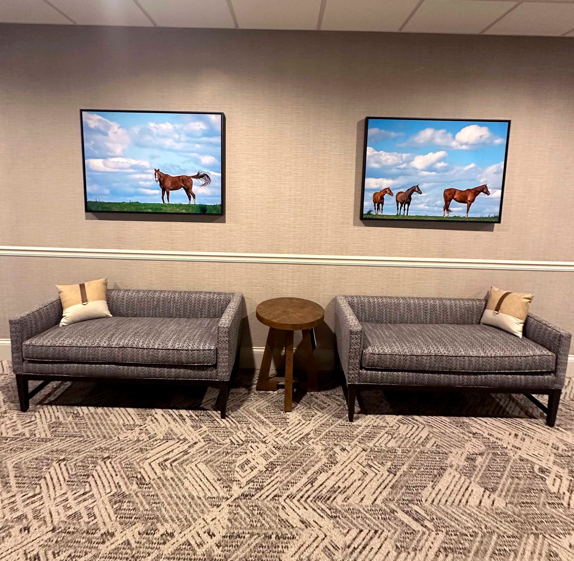 Two couches with pillows, table, horse paintings on textured wall.