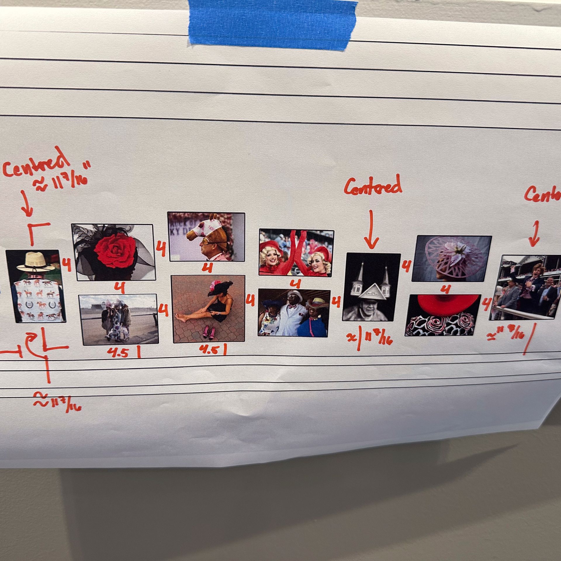 Arrangement of photos taped to paper, with handwritten measurements and centering labels.