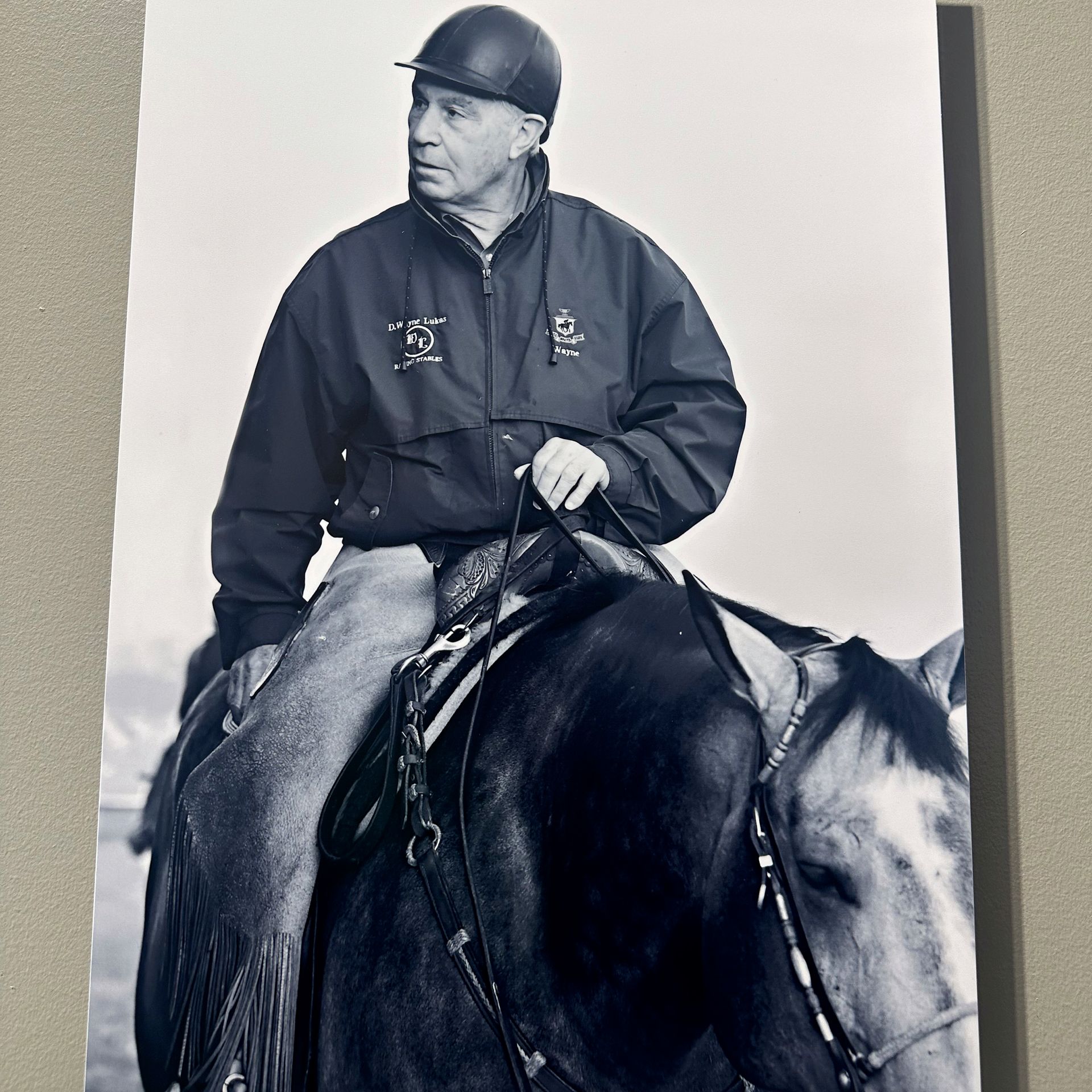 Man on horseback wearing helmet and jacket, looking to the side.