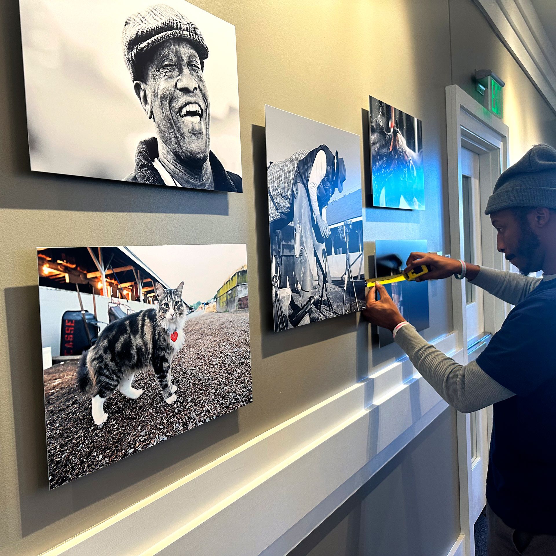 Person measuring the spacing between mounted photos on a wall; cat, man, and building are in the photos.
