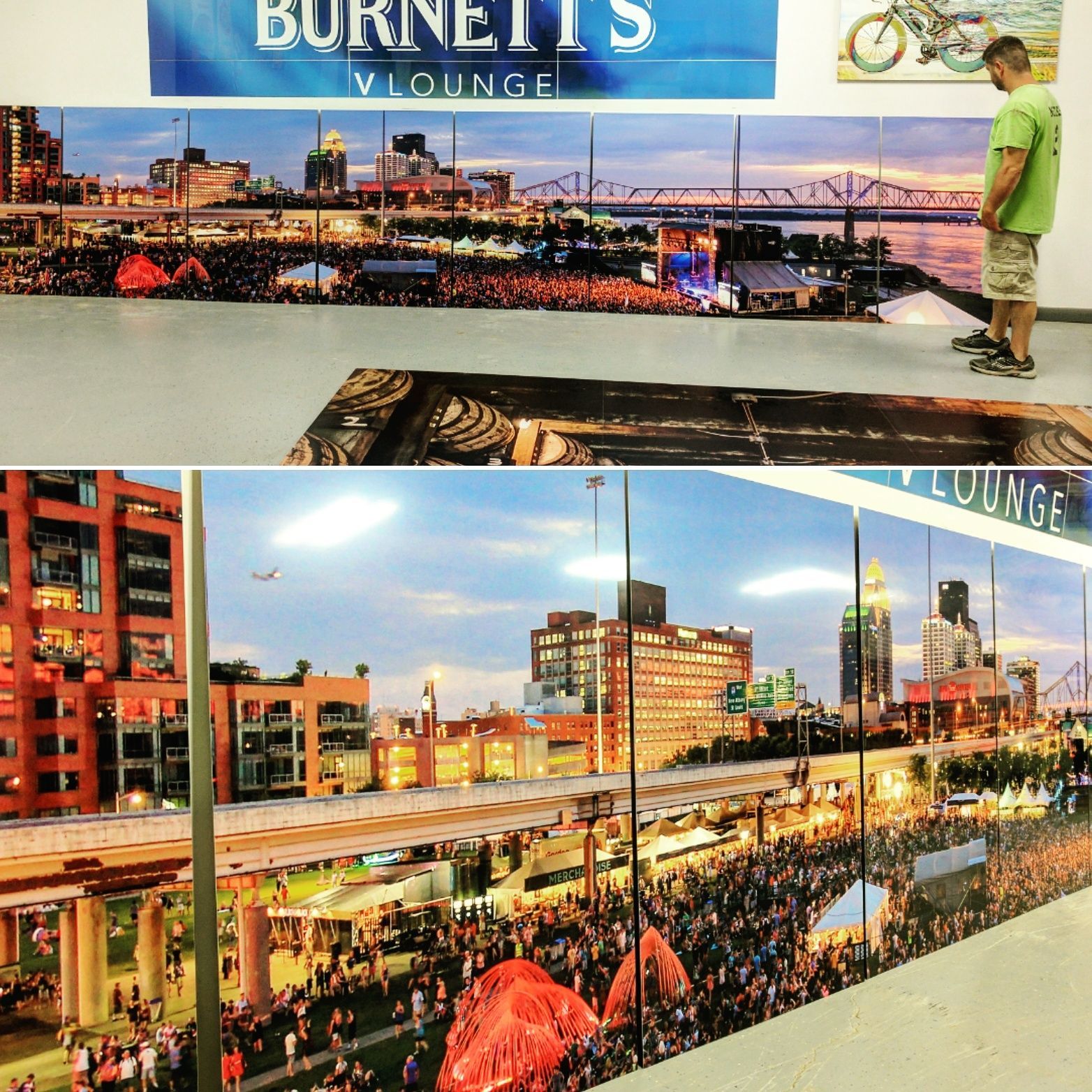 Man inspecting a large mural of a city skyline, mounted on a wall. Includes the Burnett's V Lounge logo.