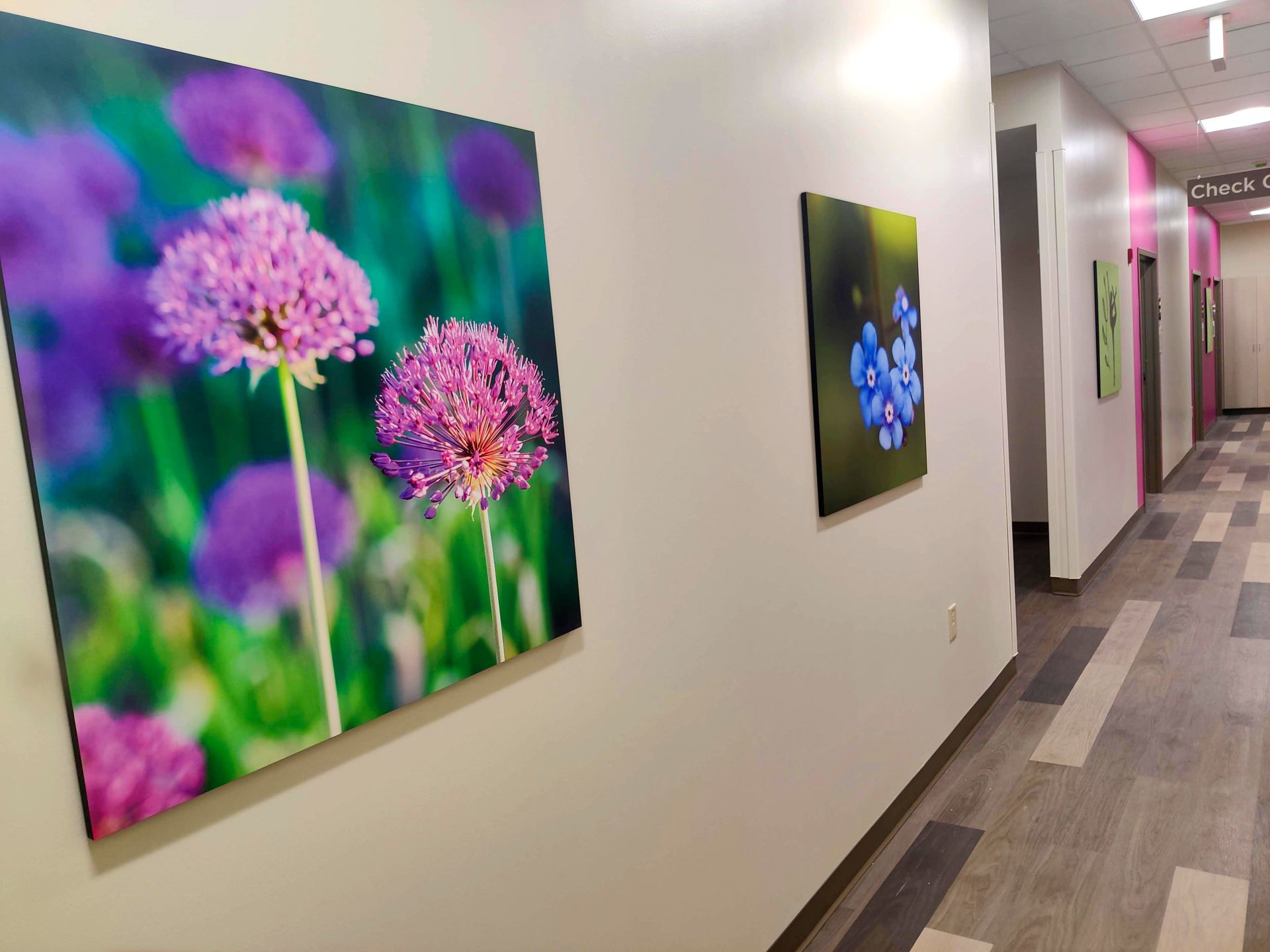 Hallway with flower art on white walls, leading to doorways with colorful accents.