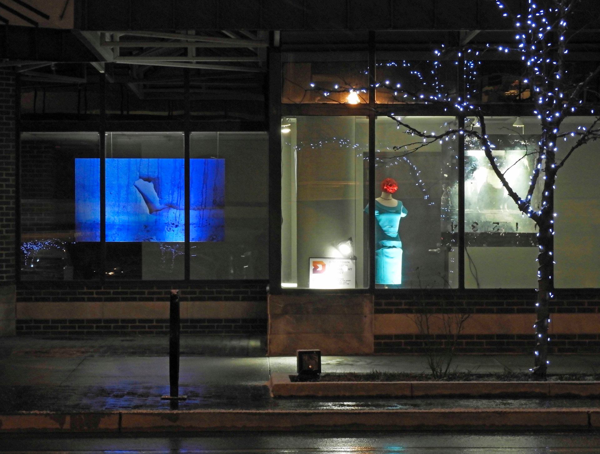 Shop window at night; blue light display, mannequin with red hat, tree with lights.