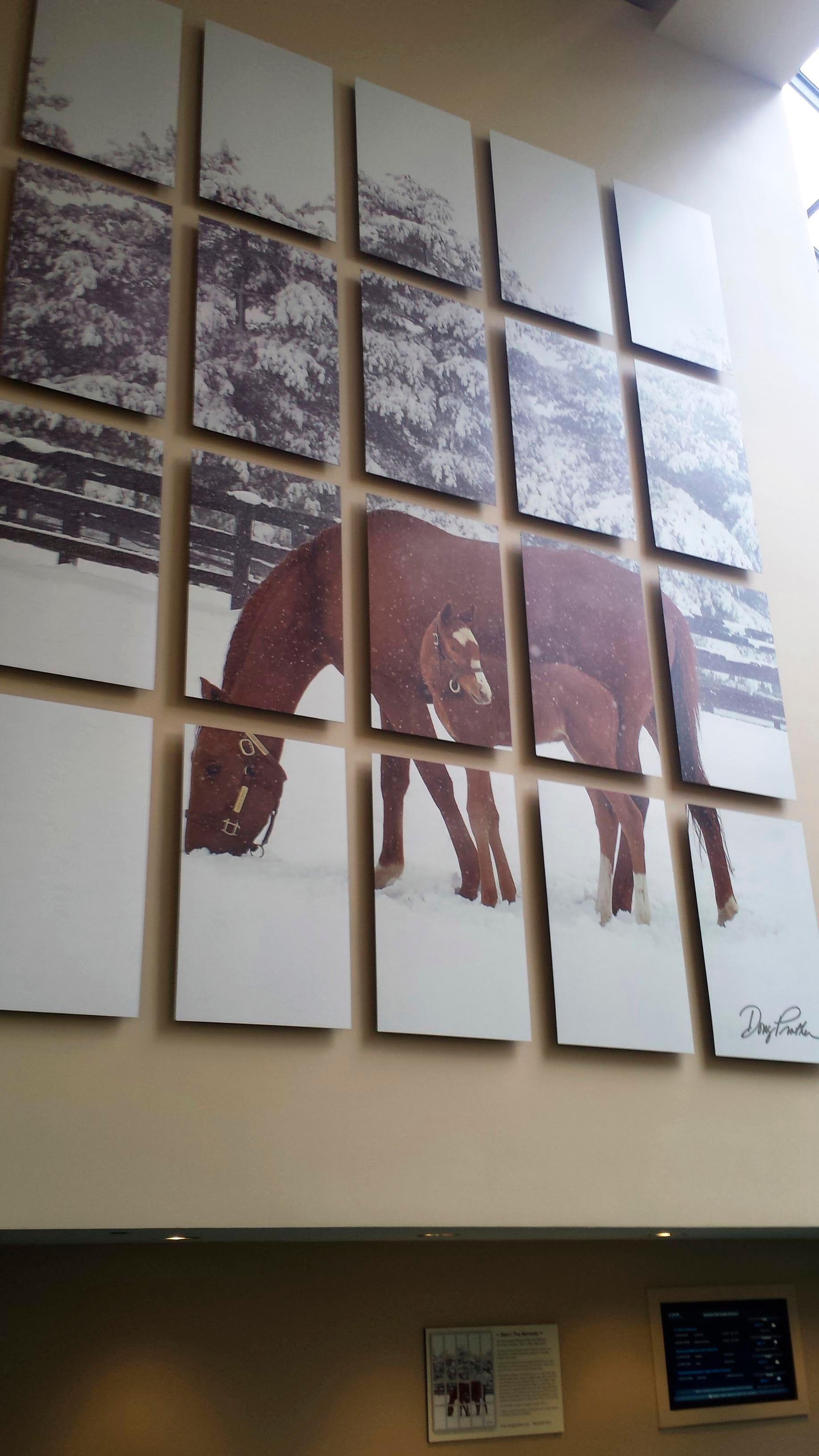 Art installation: horse grazing in snow, displayed in 20 panels on a beige wall.