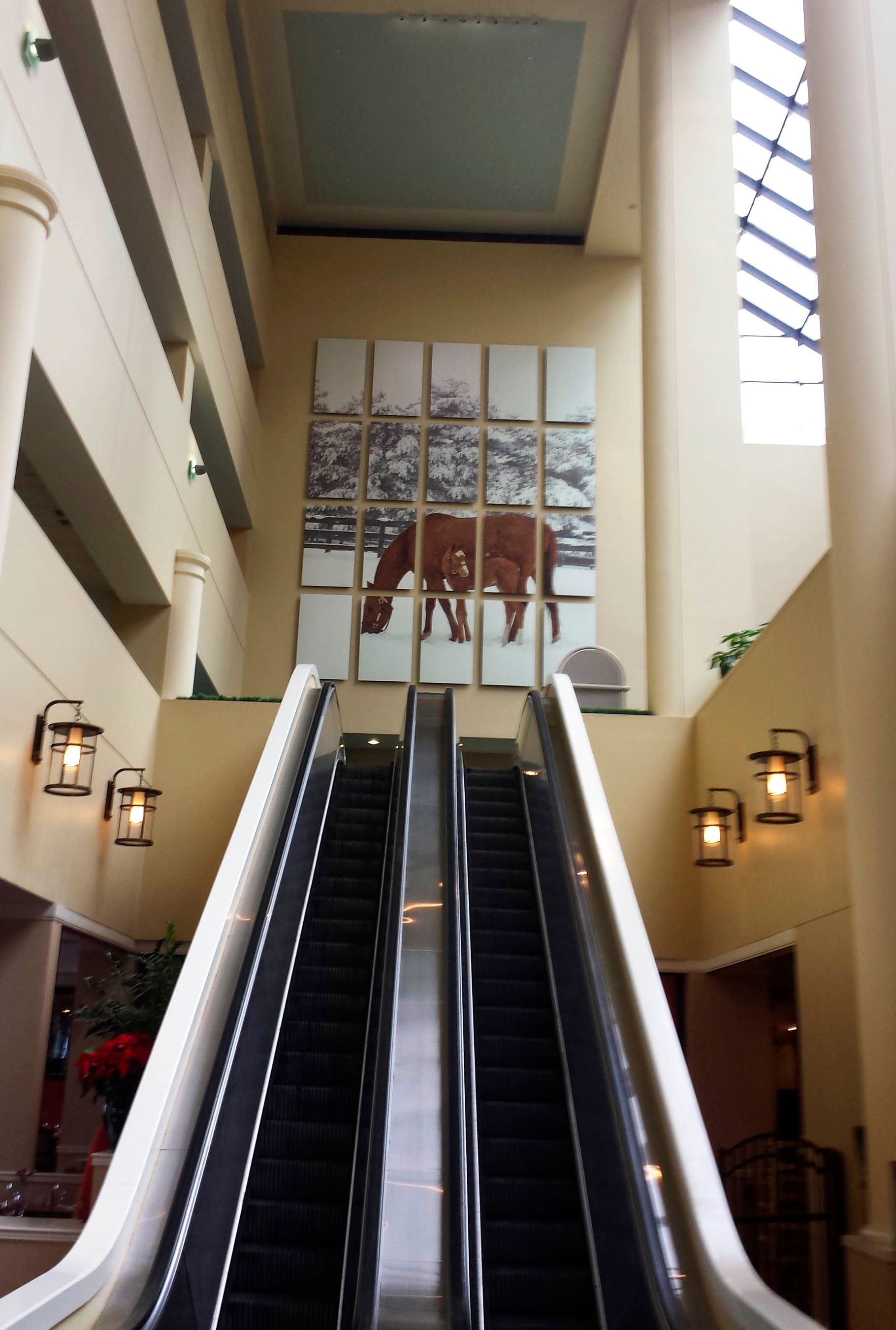 Escalators in a tall building lead to a square artwork of a horse grazing in a snowy landscape.