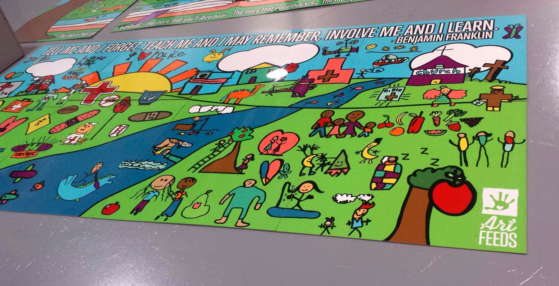 Colorful landscape mural, river flowing through a community, bright blue sky, Art Haus logo.