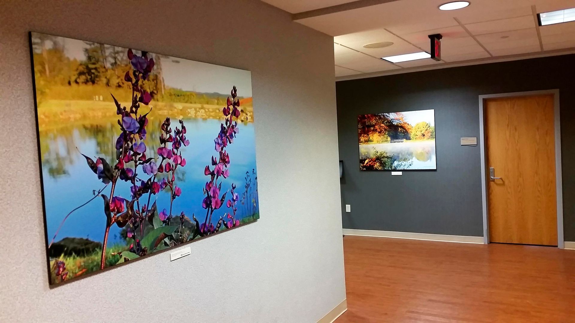 Hallway with art. A floral landscape painting hangs on a light gray wall. Another landscape art piece on a dark gray wall with a wooden door.