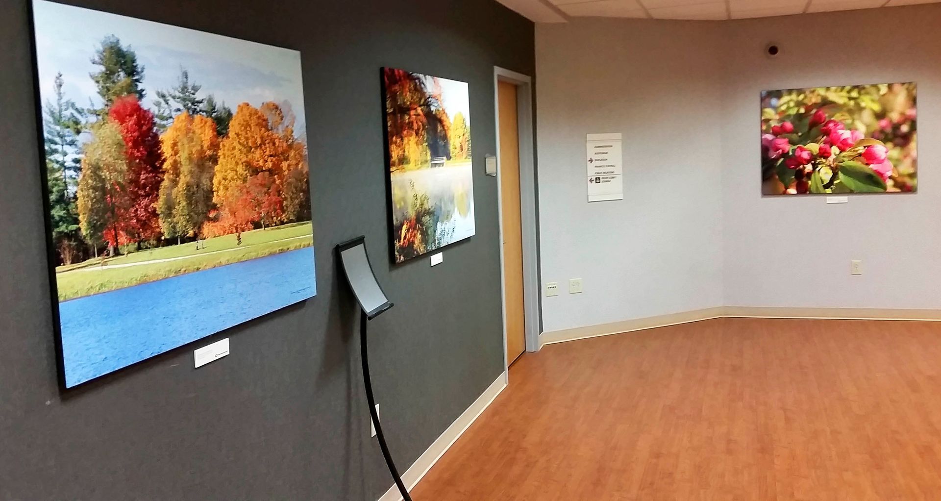 Art gallery with landscape photographs on gray walls; wooden floor.