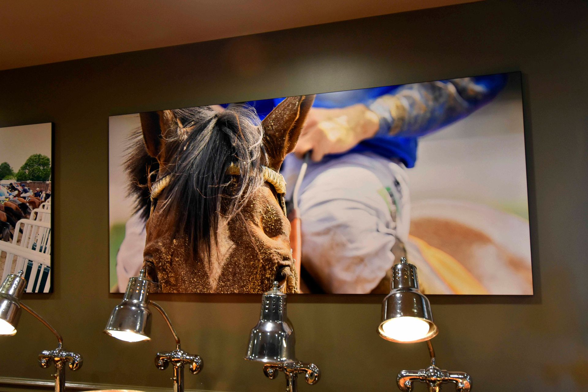 Close-up of horse face, jockey in blue shirt, artwork on wall with lamps below.