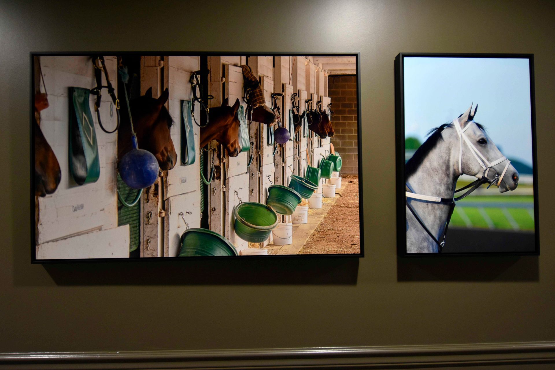 Two framed horse photos on wall: horses in stable and a horse head with bridle.