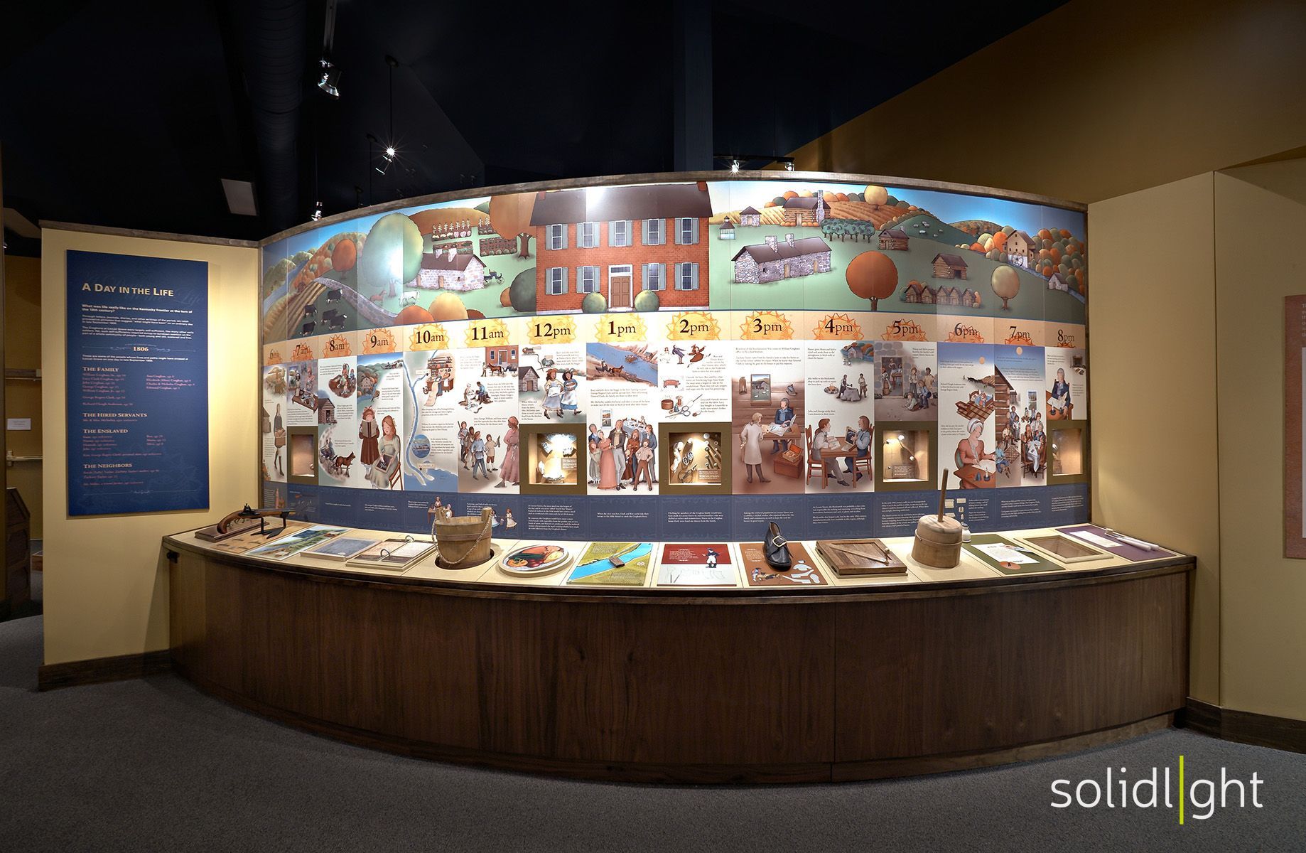 Museum display with a panoramic illustrated timeline and a curved wooden counter with books.
