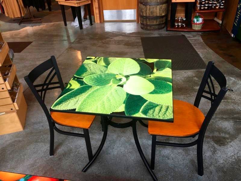 Table with green leafy top and orange chairs, inside a store with polished concrete floor.