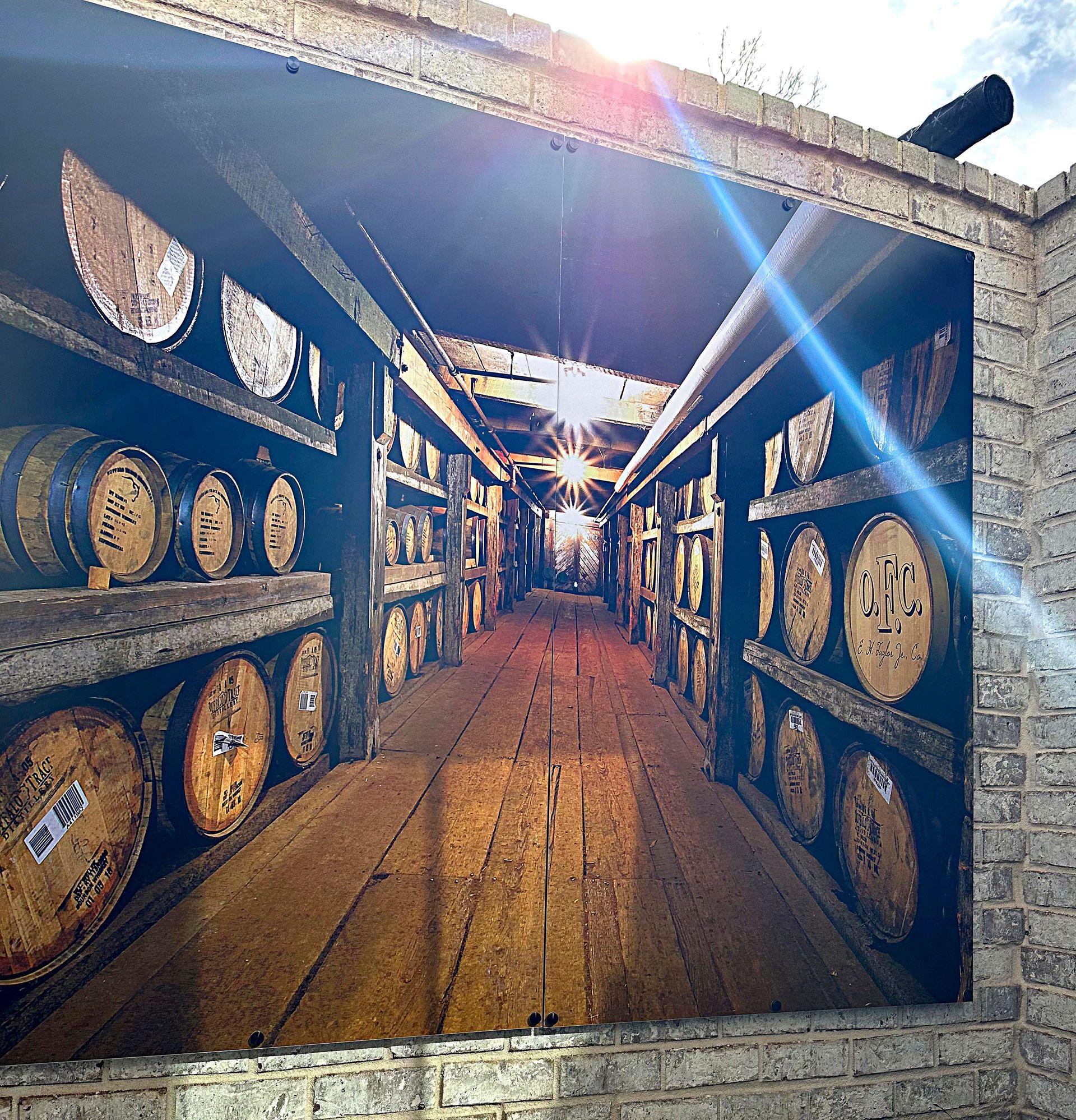 A mural of a whiskey barrel warehouse. Wooden shelves stacked with barrels, bright sunlight at end of aisle.
