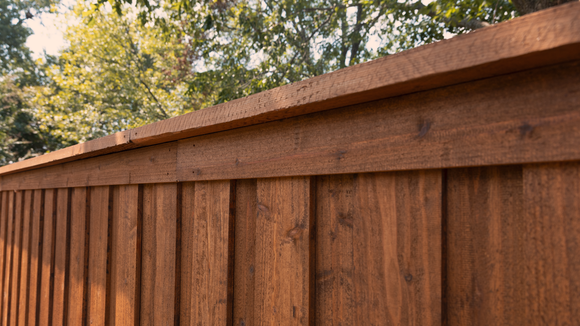 Wooden fence with a top cap in front of green trees.