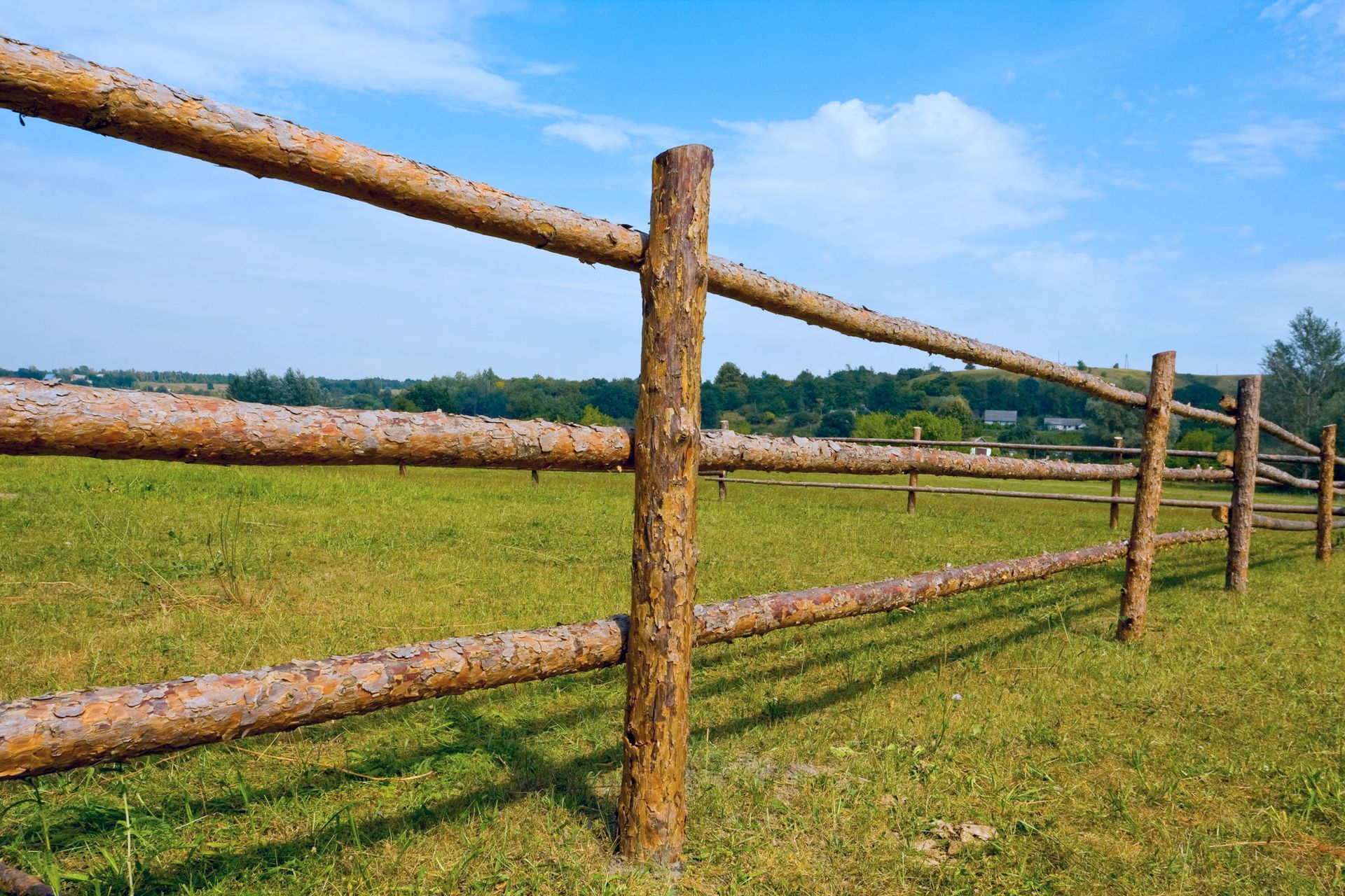 Wooden fence in a grassy field under a blue sky.