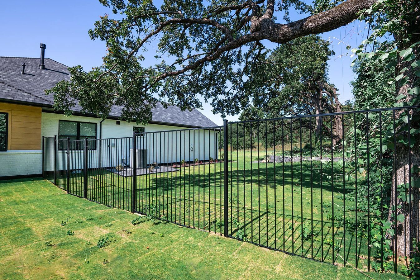 Black metal fence surrounds a green backyard with a house and trees.
