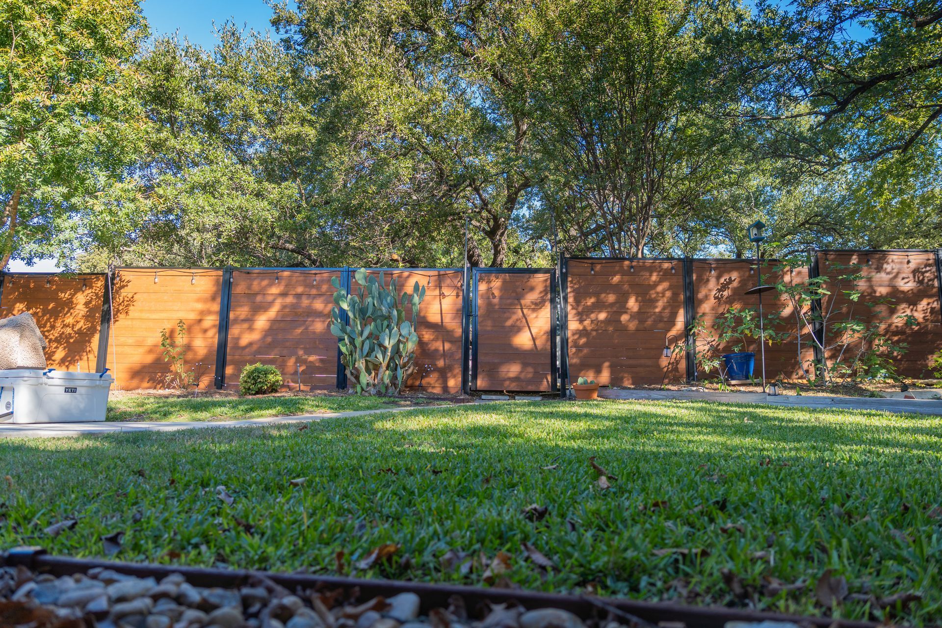 A backyard with a wooden fence, grass, and trees.