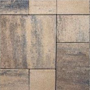 Close-up of patio pavers with shades of brown, tan, and gray, arranged in a grid pattern.