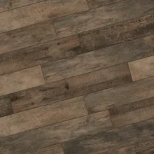 Diagonal wood-look tile flooring in shades of brown and beige.