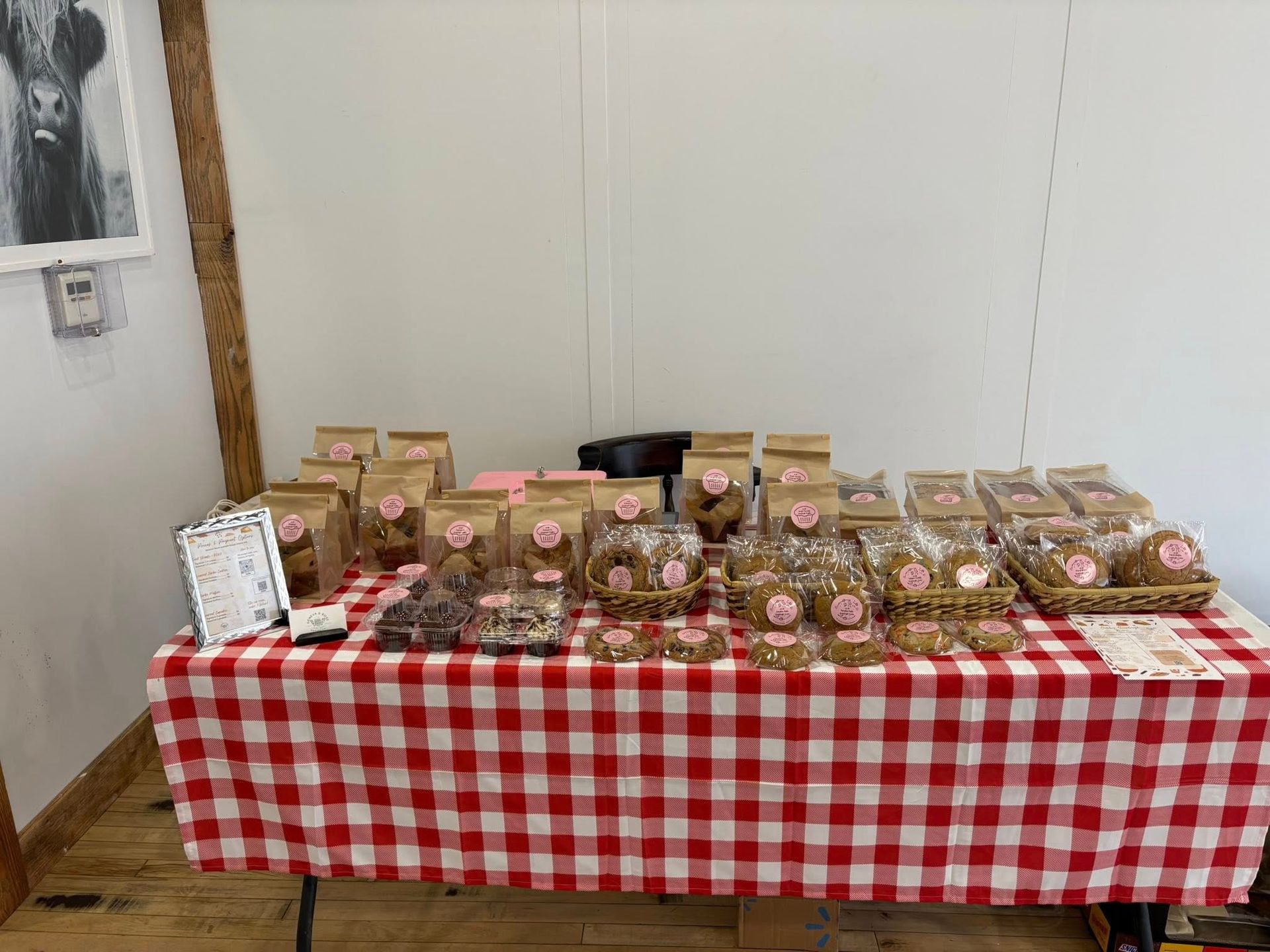 Table with cookies and baked goods for sale, red and white checkered tablecloth.